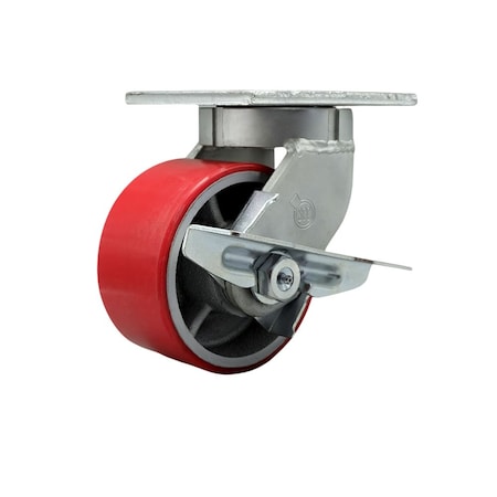Service Caster 6'' Heavy Duty Red Poly on Cast Iron Caster with Brake and Swivel Lock CRAN-SCC-KP92S630-PUR-RS-SLB-BSL